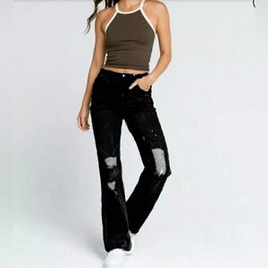 Womens Almost Famous Black Distressed ’90s Fit Jeans Wide Leg Size 5
